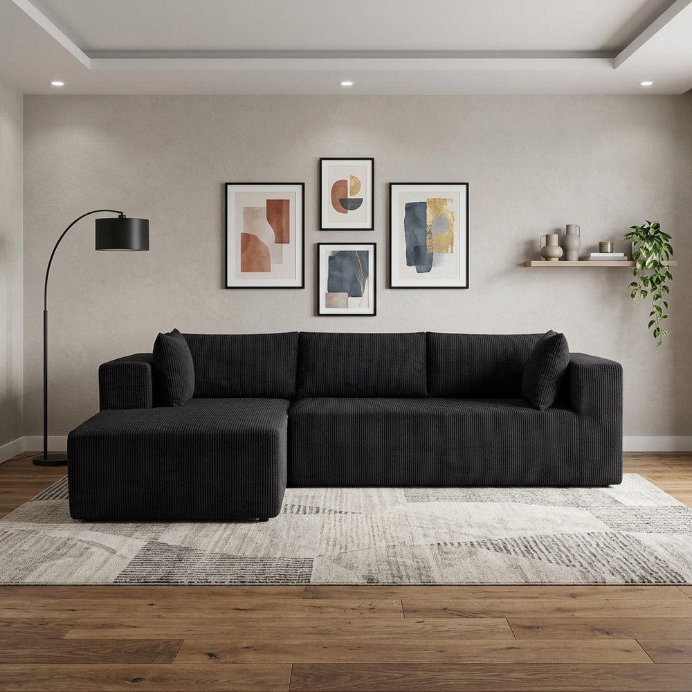 105" Black Corduroy Modular Left Chaise Style Sofa With Toss Pillows