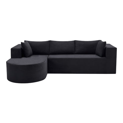 105" Black Corduroy Modular Left Rounded Chaise Style Sofa With Toss Pillows
