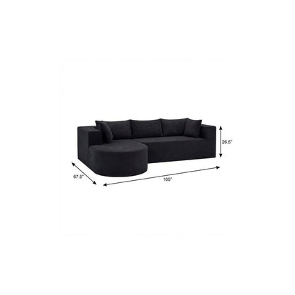 105" Black Corduroy Modular Left Rounded Chaise Style Sofa With Toss Pillows