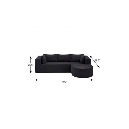 105" Black Corduroy Modular Right Rounded Chaise Style Sofa With Toss Pillows