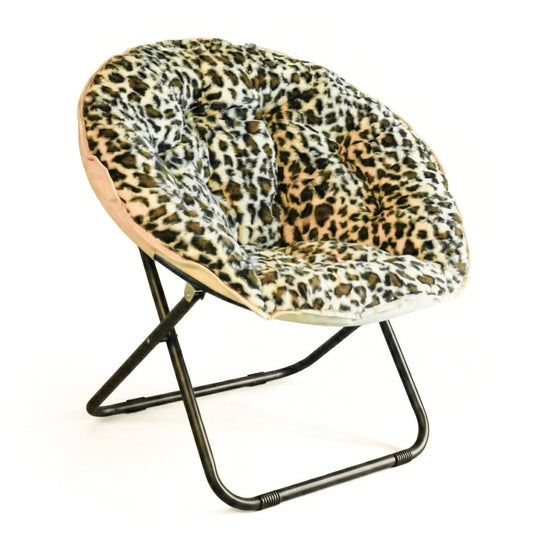 33" Beige Brown And Tufted Faux Fur and Metal Leopard Folding Lounge Chair