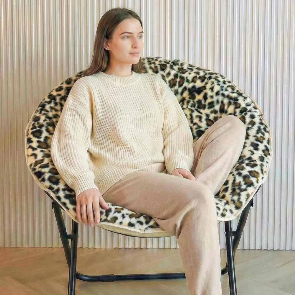 33" Beige Brown And Tufted Faux Fur and Metal Leopard Folding Lounge Chair