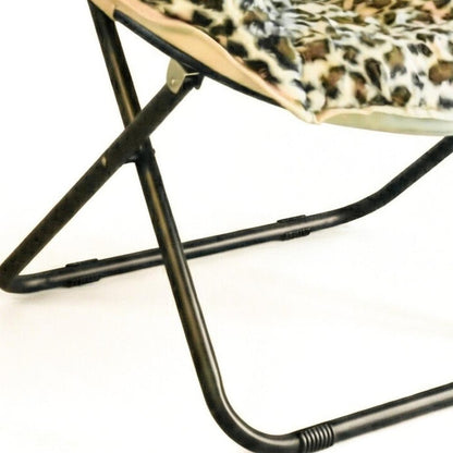 33" Beige Brown And Tufted Faux Fur and Metal Leopard Folding Lounge Chair