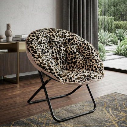 33" Beige Brown And Tufted Faux Fur and Metal Leopard Folding Lounge Chair