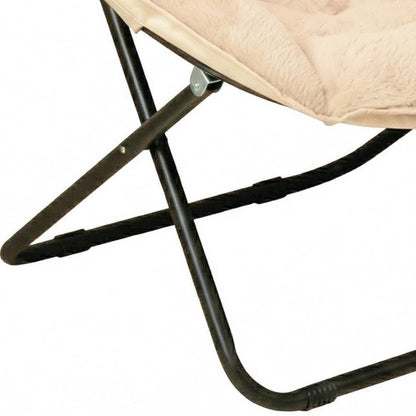 33" Champagne and Black Tufted Faux Fur and Metal Folding Lounge Chair