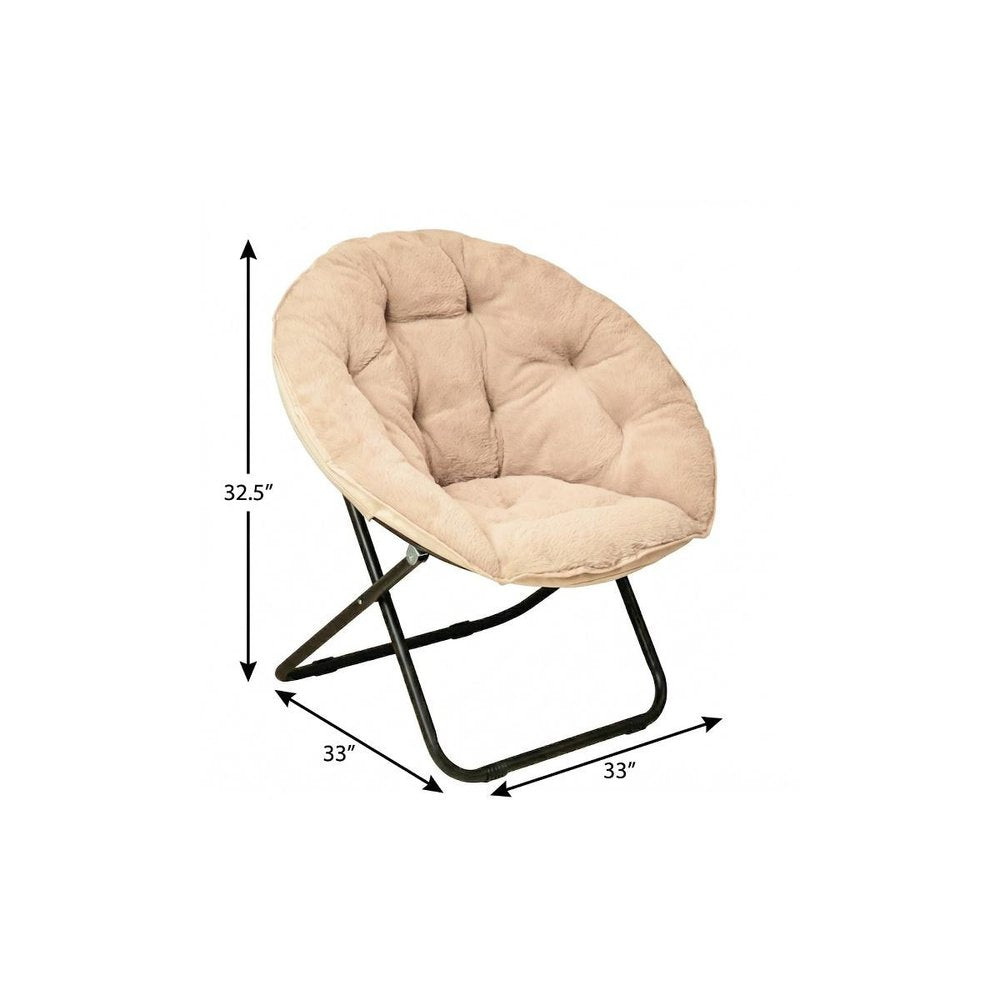 33" Champagne and Black Tufted Faux Fur and Metal Folding Lounge Chair