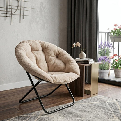 33" Champagne and Black Tufted Faux Fur and Metal Folding Lounge Chair