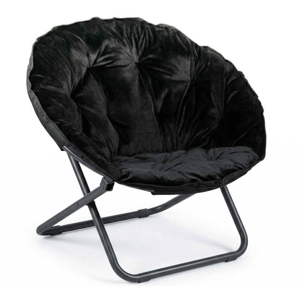 33" Black Tufted Faux Fur and Metal Folding Lounge Chair
