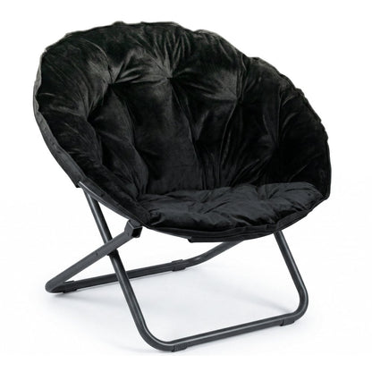 33" Black Tufted Faux Fur and Metal Folding Lounge Chair