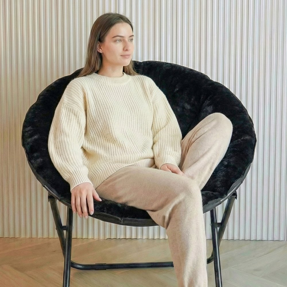 33" Black Tufted Faux Fur and Metal Folding Lounge Chair