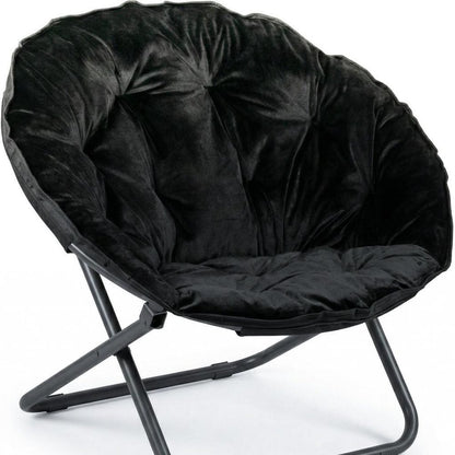 33" Black Tufted Faux Fur and Metal Folding Lounge Chair