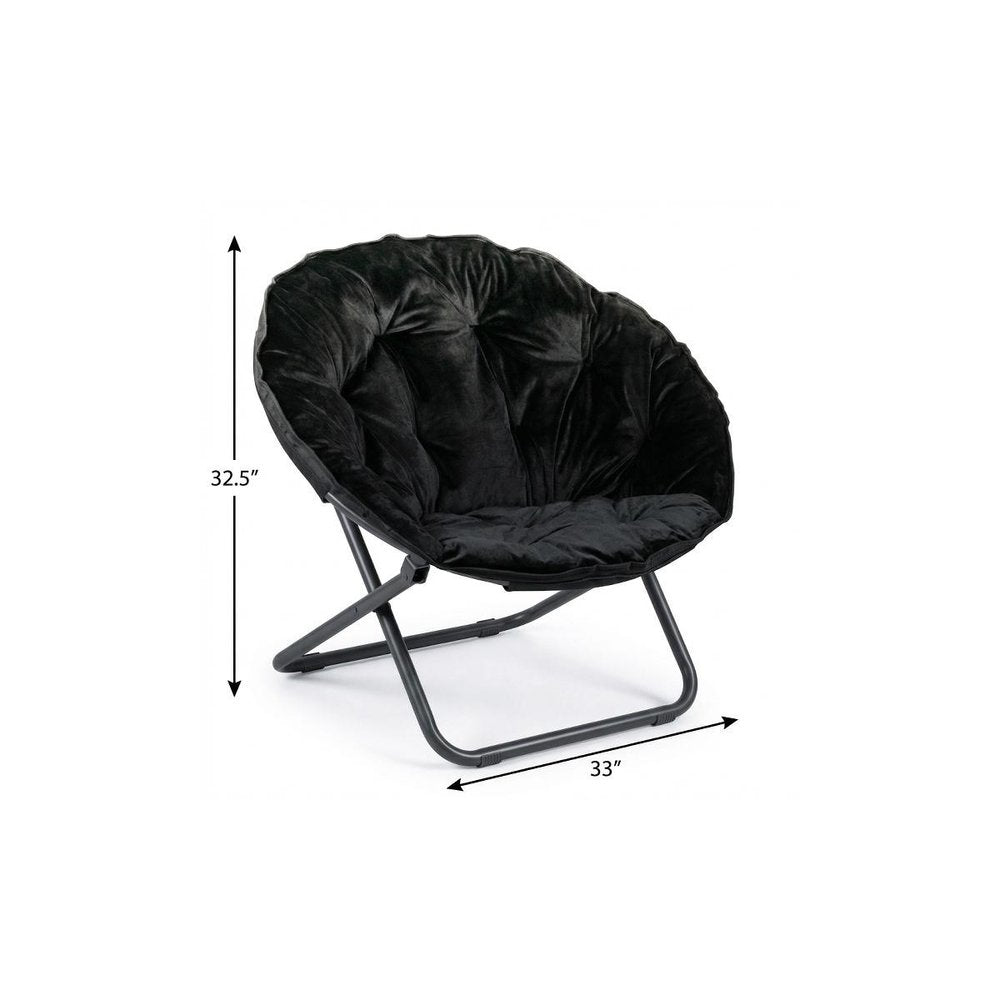 33" Black Tufted Faux Fur and Metal Folding Lounge Chair