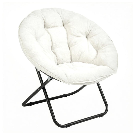 33" White Tufted Faux Fur and Metal Folding Lounge Chair