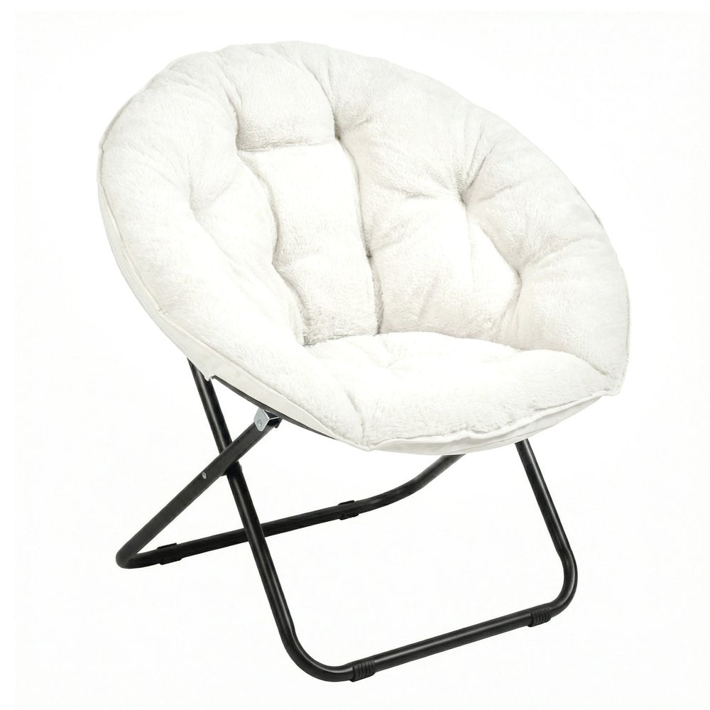 33" White Tufted Faux Fur and Metal Folding Lounge Chair