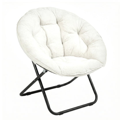 33" White Tufted Faux Fur and Metal Folding Lounge Chair