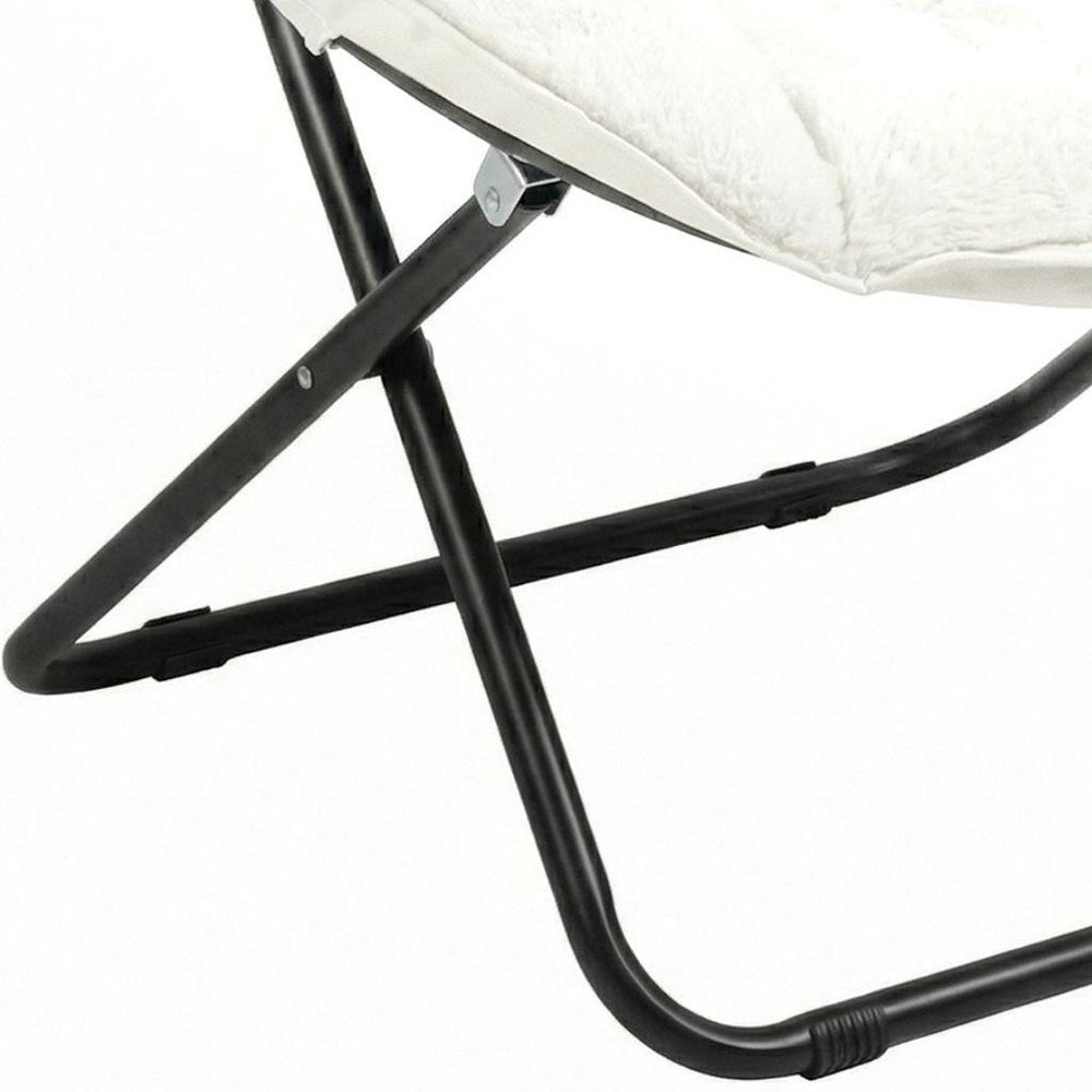 33" White Tufted Faux Fur and Metal Folding Lounge Chair