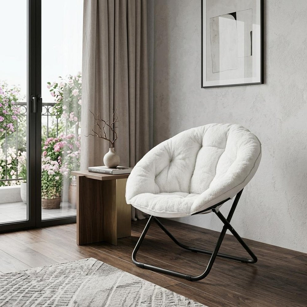 33" White Tufted Faux Fur and Metal Folding Lounge Chair