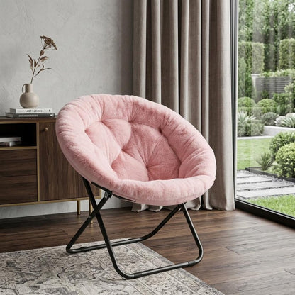 33" Pink Tufted Faux Fur and Metal Folding Lounge Chair