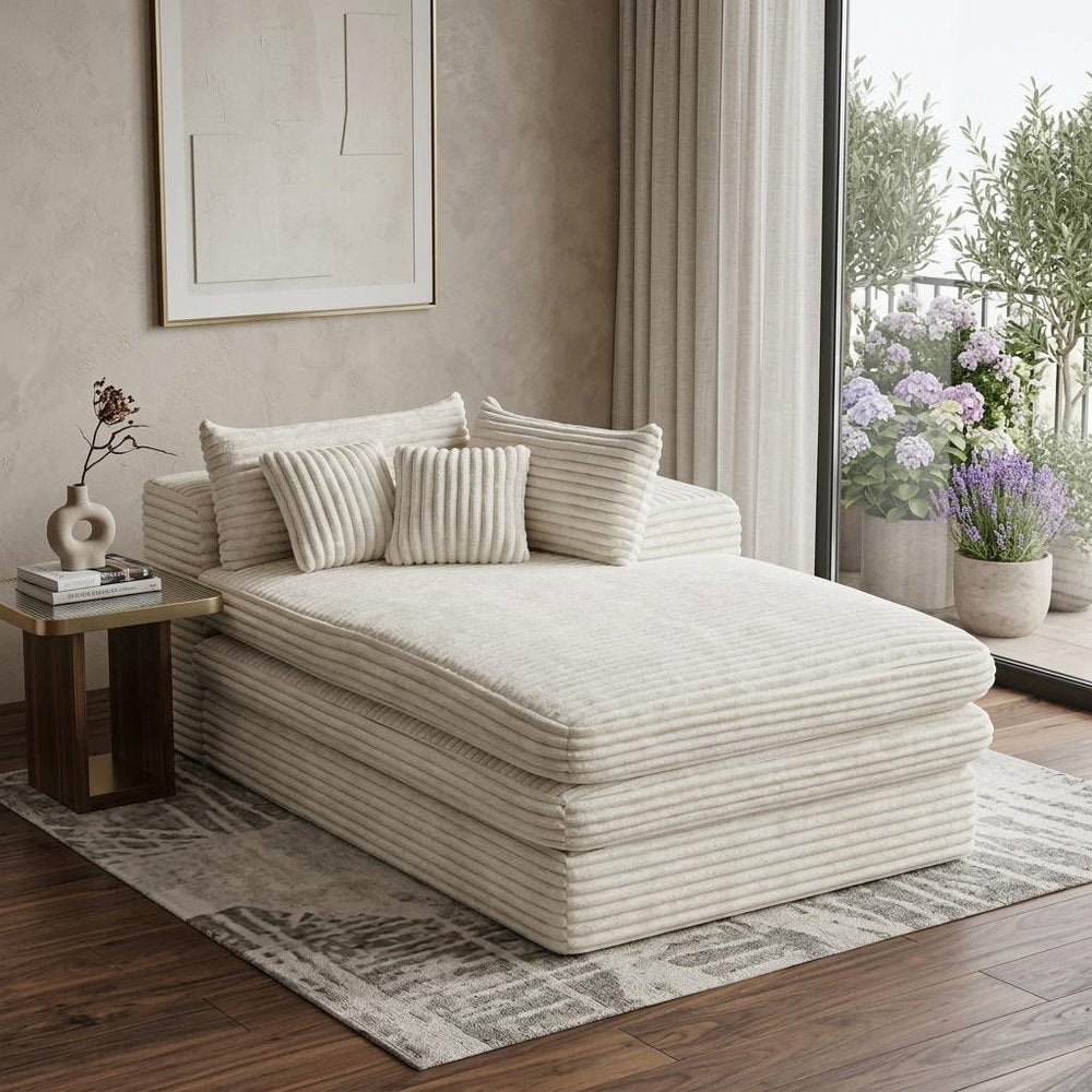 67" White Corduroy Right Hand Facing Chaise Lounge Chair