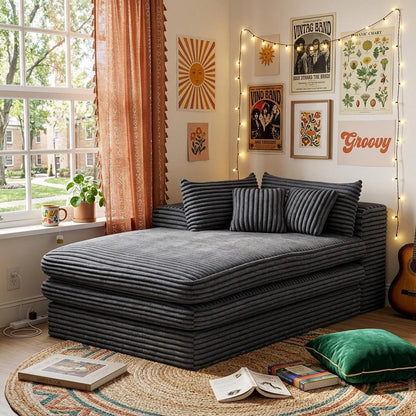 67" Gray Corduroy Left Hand Facing Chaise Lounge Chair
