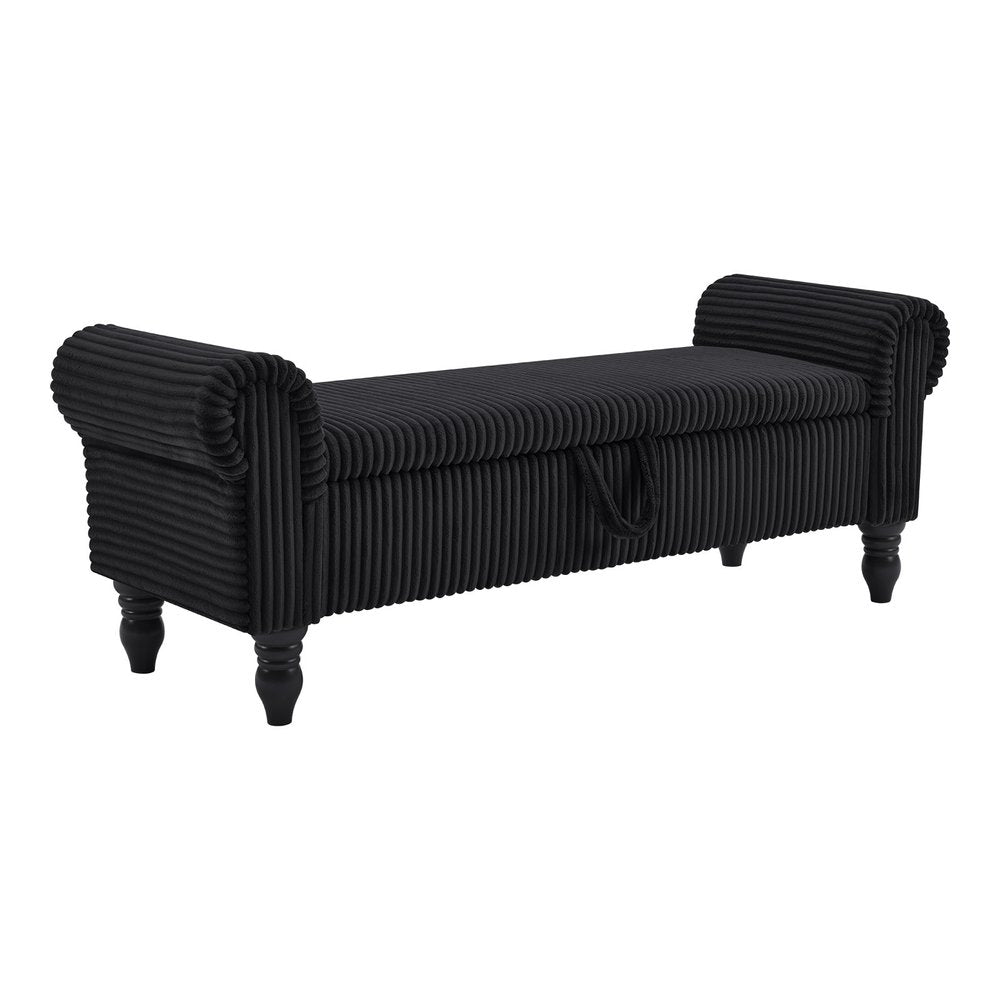 55" Black Corduroy and Solid Wood Upholstered Storage Bench With Flip Top