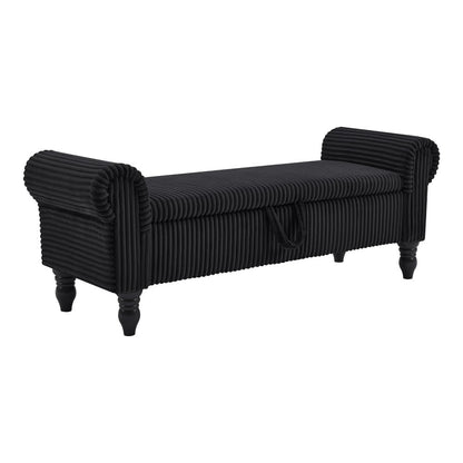 55" Black Corduroy and Solid Wood Upholstered Storage Bench With Flip Top