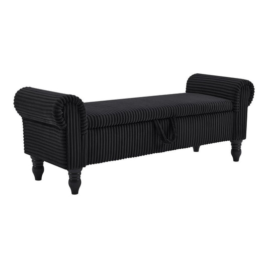 55" Black Corduroy and Solid Wood Upholstered Storage Bench With Flip Top