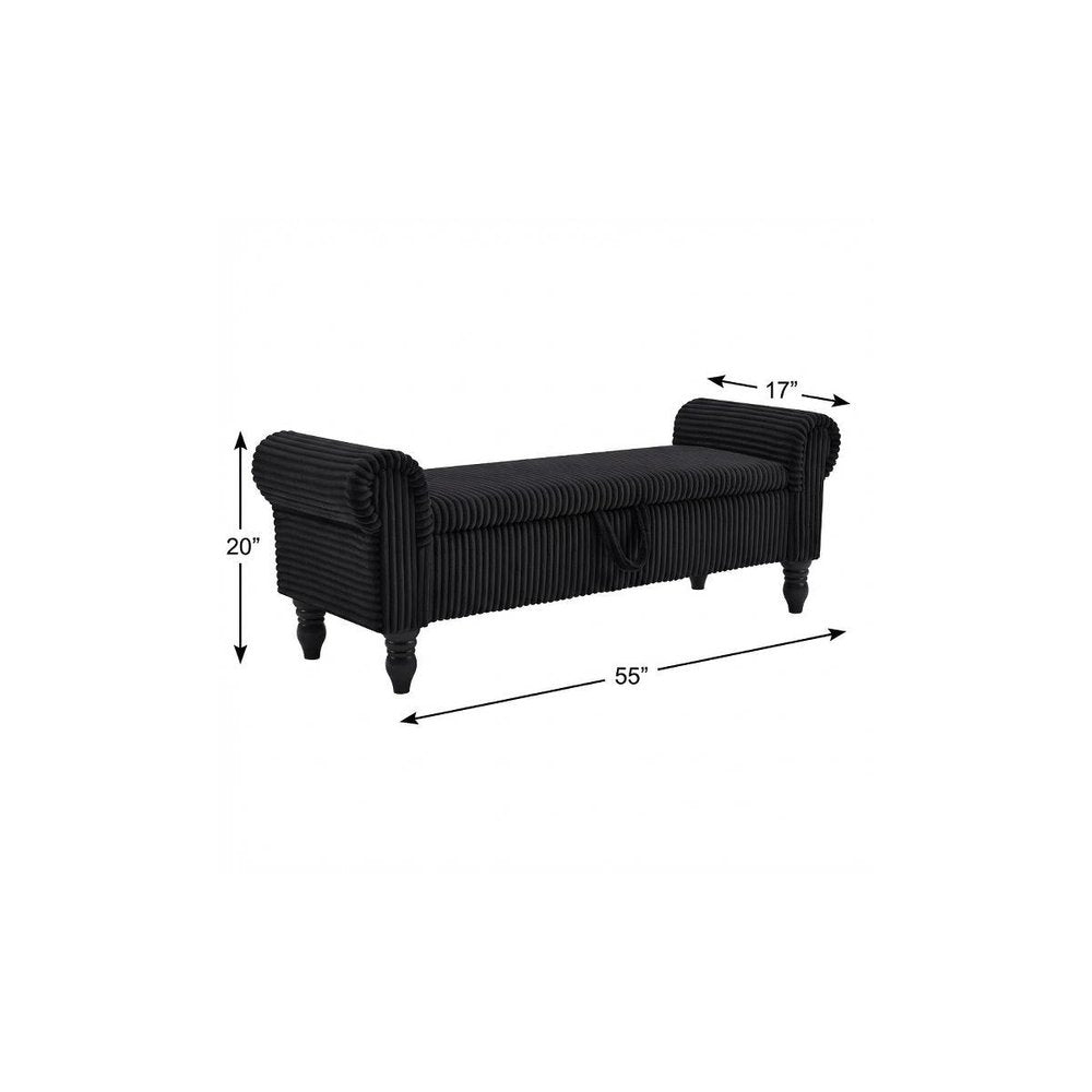 55" Black Corduroy and Solid Wood Upholstered Storage Bench With Flip Top