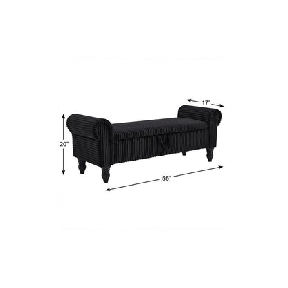 55" Black Corduroy and Solid Wood Upholstered Storage Bench With Flip Top