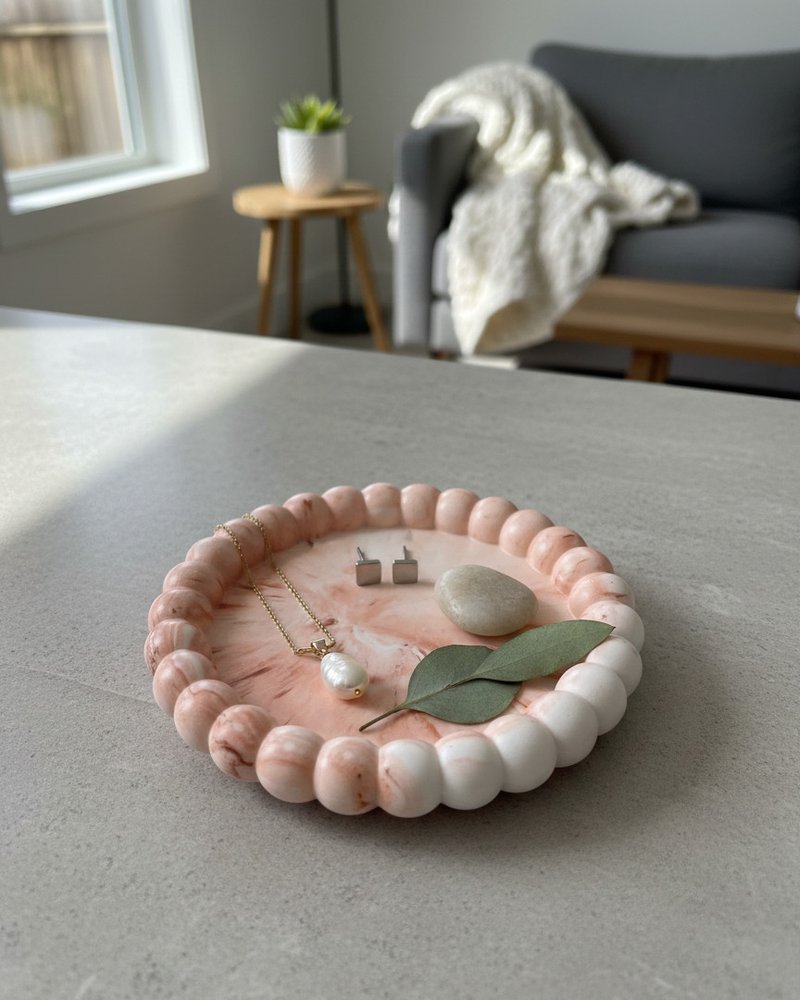 6" Pink And White Resin Marbleized Handmade Round Trinket Tray