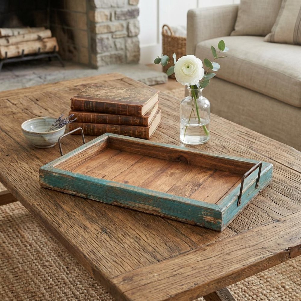 21" Natural Solid Wood Handmade Serving Tray With Handles