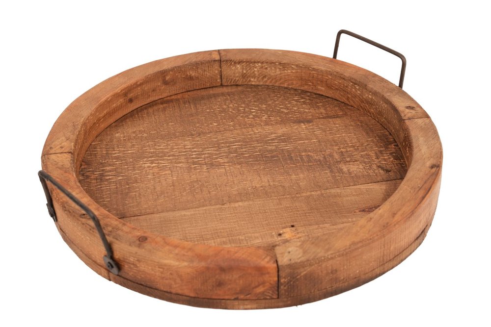 15" Natural And Turquoise Solid Wood Handmade Round Serving Tray With Handles