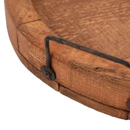 15" Natural And Turquoise Solid Wood Handmade Round Serving Tray With Handles