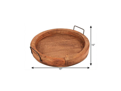 15" Natural And Turquoise Solid Wood Handmade Round Serving Tray With Handles