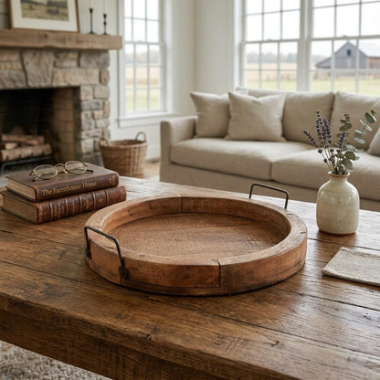 15" Natural And Turquoise Solid Wood Handmade Round Serving Tray With Handles