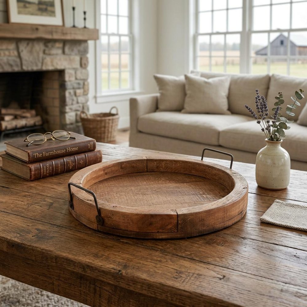 15" Natural And Turquoise Solid Wood Handmade Round Serving Tray With Handles