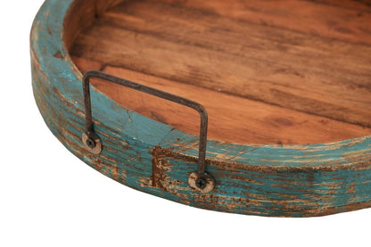 15" Natural And Turquoise Solid Wood Handmade Round Serving Tray With Handles