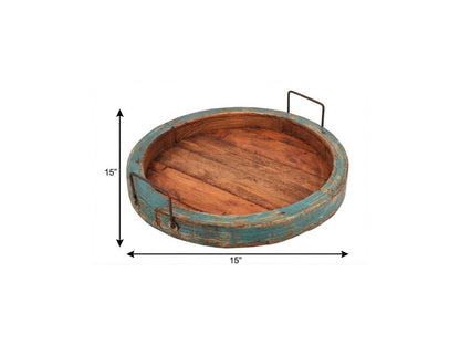 15" Natural And Turquoise Solid Wood Handmade Round Serving Tray With Handles
