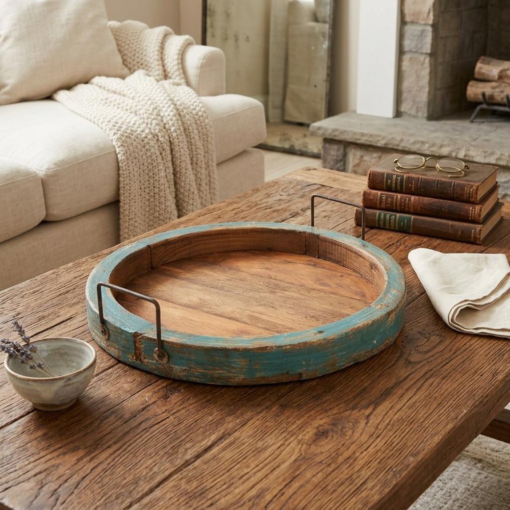 15" Natural And Turquoise Solid Wood Handmade Round Serving Tray With Handles