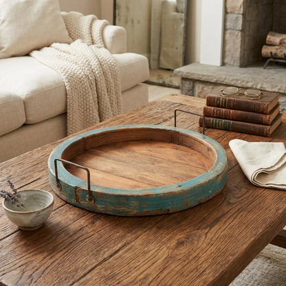 15" Natural And Turquoise Solid Wood Handmade Round Serving Tray With Handles