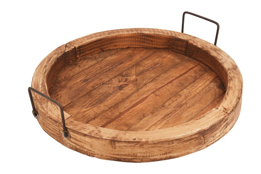 15" Natural Solid Wood Handmade Round Serving Tray With Handles