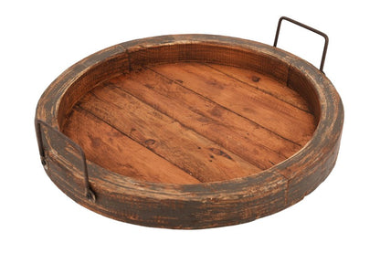 15" Natural And Turquoise Solid Wood Handmade Round Serving Tray With Handles