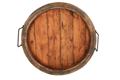 15" Natural And Turquoise Solid Wood Handmade Round Serving Tray With Handles