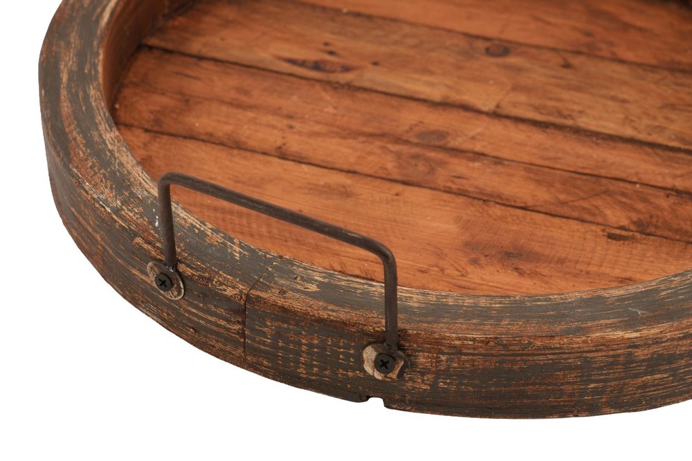15" Natural And Turquoise Solid Wood Handmade Round Serving Tray With Handles