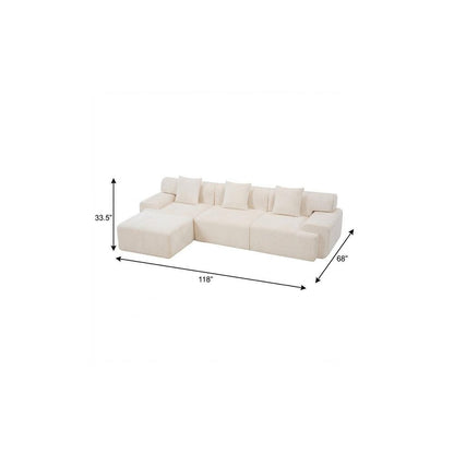 118" Beige Chenille Modular Sofa With Ottoman And Toss Pillows