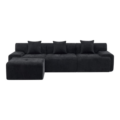 118" Black Chenille Modular Sofa With Ottoman And Toss Pillows