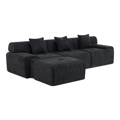 118" Black Chenille Modular Sofa With Ottoman And Toss Pillows