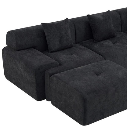 118" Black Chenille Modular Sofa With Ottoman And Toss Pillows
