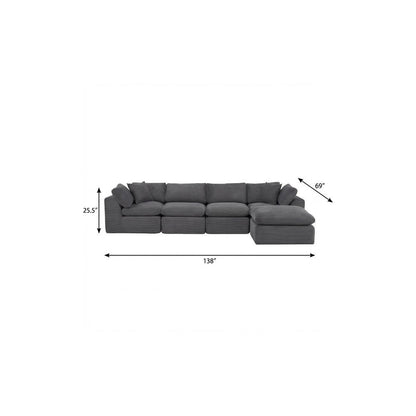 138" Dark Gray Corduroy Modular Sofa With Ottoman And Toss Pillows