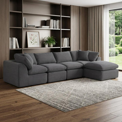138" Dark Gray Corduroy Modular Sofa With Ottoman And Toss Pillows